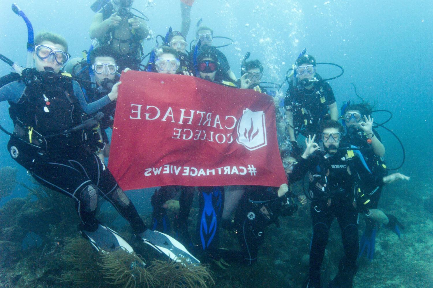学生们手持<a href='http://39ci.ngskmc-eis.net'>bv伟德ios下载</a>旗帜，在j学期洪都拉斯游学之旅中潜水.